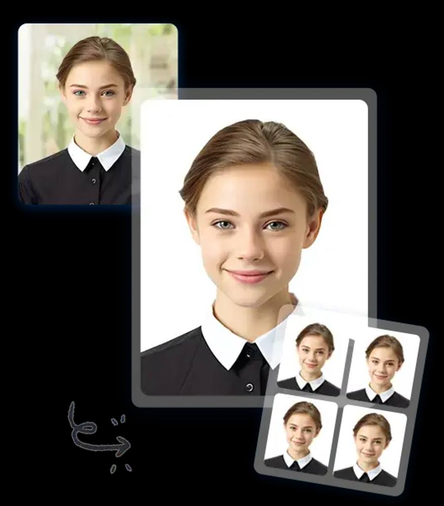 Selfie converted into passport-style ID photos with xmorf AI