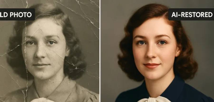 Scratched black-and-white photo restored to color with xmorf AI